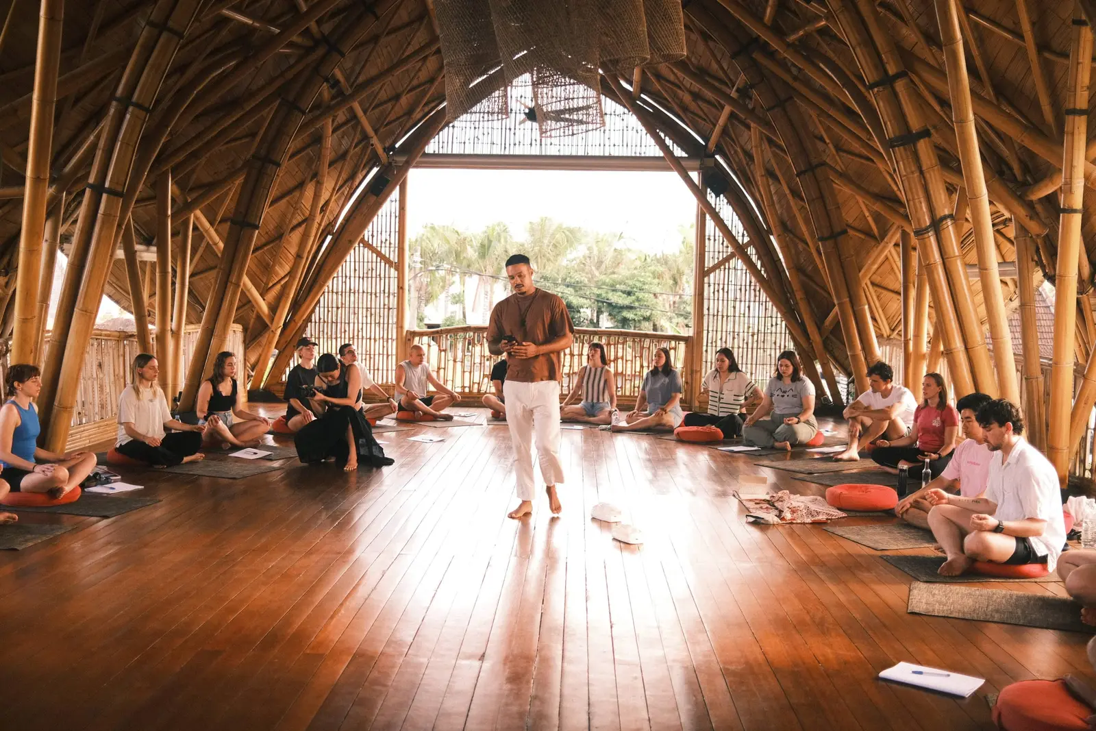 A breathwork session in the bamboo shala